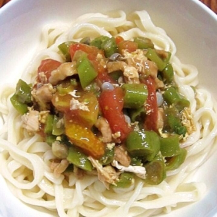 豚肉といんげんとトマトのあんかけ麺